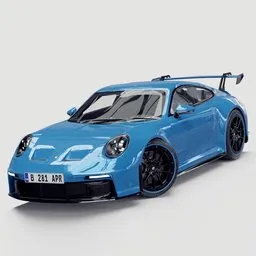 "Highly detailed Porsche 922 GT3 Touring 3D model for Blender 3D. This luxury supercar boasts a stunning blue color, with a close-up view on a white background. Perfect for creating realistic renders of the exterior, interior, and engine. Compatible with both Eevee and Cycles rendering engines."