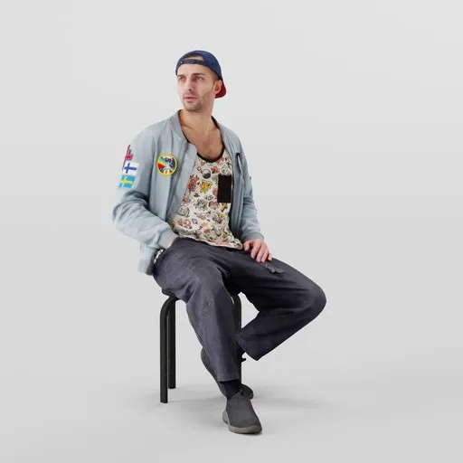 Young male 3D model in stylish urban outfit sitting casually with hand in pocket designed for Blender render.