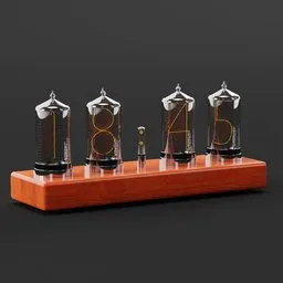 "Nixie tube clock on a wooden stand, inspired by Adélaïde Victoire Hall and Nikolai Alekseyevich Kasatkin, featuring digital steam and clock iconography. Change the time by switching materials on the numbers. Blender 3D model perfect for design enthusiasts in need of realistic, detailed 3D clocks."