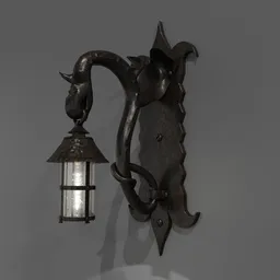 Detailed 3D wrought iron dragon lantern model with Edison bulb, designed for Blender rendering and scene lighting.