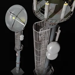 "Scenic 3D cell tower model for Blender 3D | Stadium category - Earthship inspired, rusty metal tower with two types of lights. Perfect for sci-fi spaceport scenes. 215k verts, 2k texture quality."