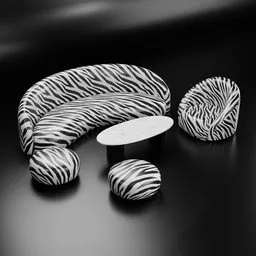 Zebra-striped curved sofa set 3D model featuring couch, ottomans, and table for Blender rendering.