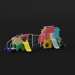 Detailed 3D render of a colorful exercise-themed playground model with slides and climbing structures.