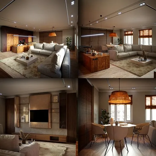 Detailed 3D cabin interior scene with modern furnishings and warm lighting for Blender rendering.