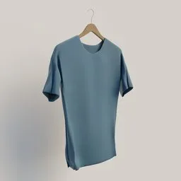 Realistic 3D model of a blue t-shirt on hanger, Blender fabric simulation for virtual wardrobe design.