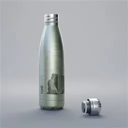 "Highly detailed stainless steel water bottle with cap and UV mapping preset for graphic replacement in Blender 3D. Ideal for health enthusiasts and sustainability supporters. PBR texture included for realistic rendering."