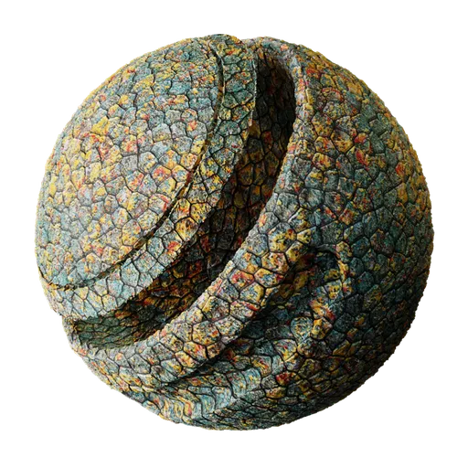High-detail PBR Reptile Skin texture for Blender 3D, with seamless tiling, color adjustments, and dynamic surface settings.