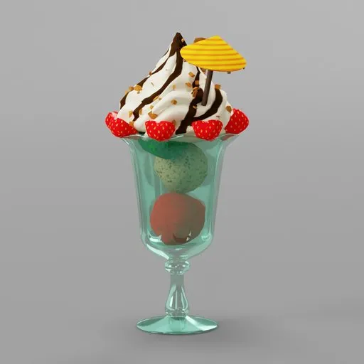 Realistic vanilla strawberry ice cream 3D model with toppings, compatible with Blender.