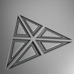 "Metal scifi decal with a triangle inset emitting light, designed for Blender 3D modeling software. The design features symmetric armor and an emblem on the surface, with a dark aliased finish. Background is a plain space rendering with a cross and logo without text."