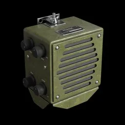 "Vintage military walkie-talkies for Blender 3D: 70s-80s military radio model with a green radio against a black background. Features include substance painter 3D, rugged soldier design, 64x64 resolution, and compatibility with frostbite engine. Ideal for tactical squads and historical military projects."