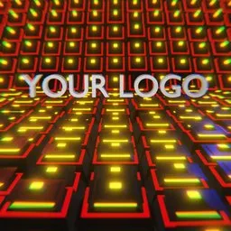 Illuminated 3D grid with vibrant colors and placeholder text, suitable for Blender 3D logo animations.