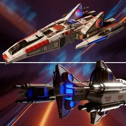 "Get ready for epic space battles with this stunning Fighter Spaceship 3D model! Featuring a sleek silver and blue design with red and blue lights, this BlenderKit game asset is perfect for creating immersive gaming experiences. Explore every detail, from the obsidian skin to the elongated planes, in ultra-high definition with Blender 3D."