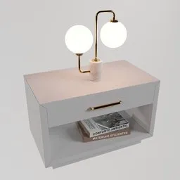 Modern 3D model nightstand with lamp and books, detailed furniture rendering for Blender.