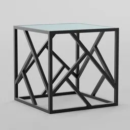Geometric black coffee table 3D render, glass top, intricate base design, Blender CG model.