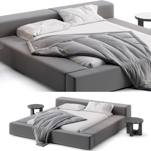 Highly detailed Blender 3D model of modern bed with pillows, duvet, and side tables, UV mapped and rendered with Cycles.