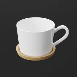 Detailed 3D model of a white ceramic mug on a wooden coaster, optimized for Blender rendering.