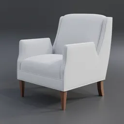 "Anita Armchair 3D model for Blender 3D - elegant lounge furniture with stained wood legs and white fabric seat. Inspired by Patrick Henry Bruce, the chair features sharp nose and rounded edges creating a soft, inviting look. RTX rendering and retopology for high-quality details."