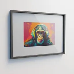 "Colorful 3D rendering of a framed photograph featuring a monkey wearing headphones as a wall decoration. Created with Blender 3D and enhanced with chromatic aberration for a unique effect. Perfect for modern galleries and high-quality art enthusiasts."