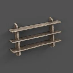 "Medieval style wooden shelving unit with two shelves, textured with rustic finish and highly detailed render. Perfect for 3D modeling in Blender and decorating historical scenes. Created with Blender 3D software."