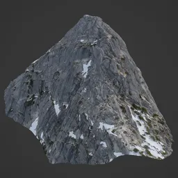 Detailed 3D scan of a craggy mountain with snow patches, compatible with Blender, ideal for virtual landscapes.