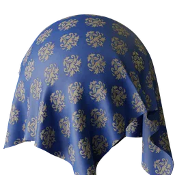 Detailed PBR textile with ornate gold patterns on blue, suitable for 3D modeling in Blender and similar software.