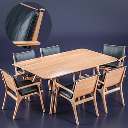 High-quality low-poly Blender 3D model of a wooden table with chairs, optimized for close-up renders and animation.