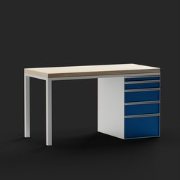 3D-rendered heavy-duty workbench model with cabinet and drawers for Blender design projects.