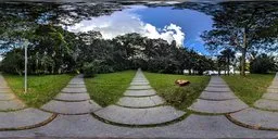360-degree HDR panoramic image featuring overcast skies above a serene park scene with multiple pathways and lush greenery.