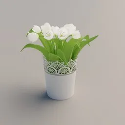 "Nature-inspired 3D model of a metal pot holding a bouquet of tulips, rendered with Octane for Blender 3D. The intricate patterns on the pot and knitted mesh material add a realistic touch to the white flowers. Perfect for interior design and virtual reality applications."