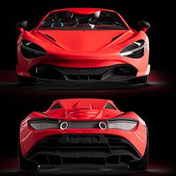 Red McLaren 720S 3D model with interior, rigged features, and detachable roof, compatible with Blender.