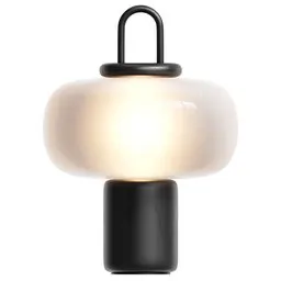 Detailed 3D rendering of a minimalist lamp, glowing softly, with sleek modern design and portable handle.