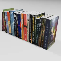 Variety of 3D modeled books with unique covers rendered in Blender, suitable for virtual literature settings.