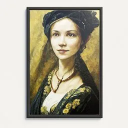 3D rendered portrait of a woman in period clothing, suitable for use in Blender, evoking Renaissance art aesthetics.