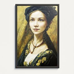 "Medieval-style oil painting of a woman in black dress and hat, rendered in highly-detailed 3D using Blender. Depicts Mona Lisa-style portrait with intricate frame details and muted colors, perfect for historical or artistic projects."