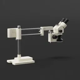 Highly detailed 3D stereo microscope model on boom stand, ideal for Blender 3D medical animations.