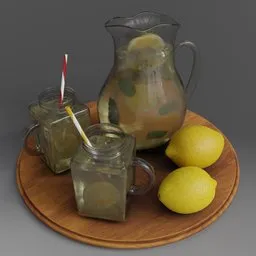 Detailed 3D Blender model of lemonade set with pitcher, glasses, straws, lemons on wood tray, showcasing textures and lighting.