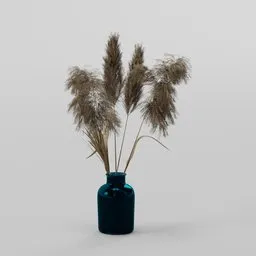 "Minimalistic vase with dried reeds in Blender 3D model. Octane-rendered with feather texture overlays and small reeds behind a lake. Created by Erwin Bowien."