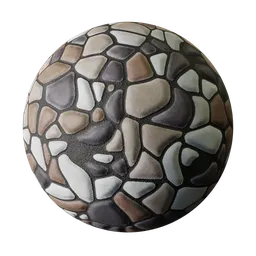 Brown and white pebble mosaic PBR texture for 3D Blender material rendering.