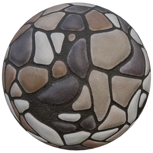 Brown and white pebble mosaic PBR texture for 3D Blender material rendering.