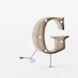 High-quality 3D render of vintage wooden marquee letter G light with bulbs and cable, optimized for Blender use.
