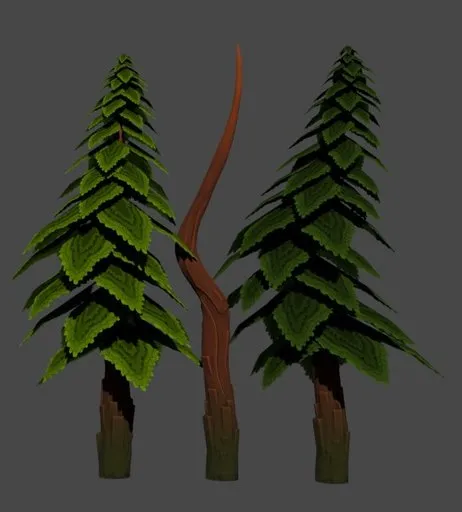 Low poly pine tree 3D model with two leaf variations, suitable for game development and animation, created in Blender.