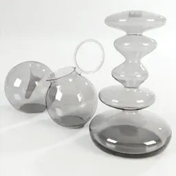 Three distinct shaped glass bottles in a 3D rendering, showcasing reflective surfaces and geometry for Blender artists.