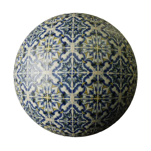 Hand-painted ceramic tile texture with rustic design for Blender 3D, featuring PBR shader for realistic rendering.