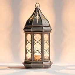 "Unique Middle Eastern-inspired old lantern decoration with intricate metal and wood details for Blender 3D. The lantern features a candle inside and is perfect for adding charm to any scene. Get this detailed 3D model for your digital projects."