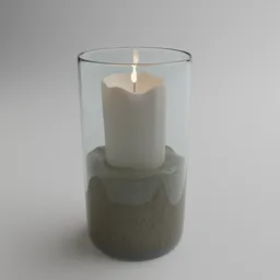 Realistic 3D model of a lit candle in a transparent vase with sandy base, rendered in Blender.