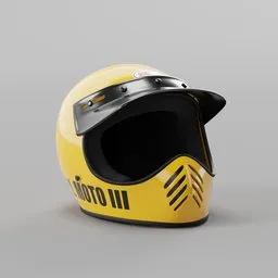"Photorealistic 3D model of a classic yellow motorcycle helmet with a black sun visor, perfect for video game assets or realistic renders in Blender 3D. Reminiscent of the iconic designs of the 1990s, this highly detailed model includes nitro colors and minimal features. Ideal for use in motorcycle-related projects."