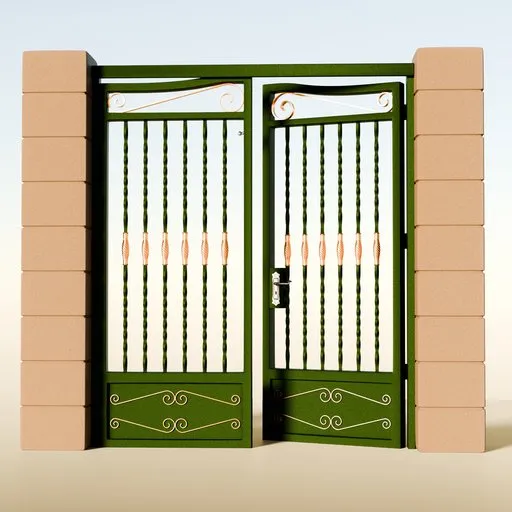 Detailed 3D model of a vintage-style iron gate with decorative scrollwork, designed for Blender.