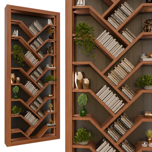 Intricately designed wooden shelf 3D model with books and plants for Blender rendering.