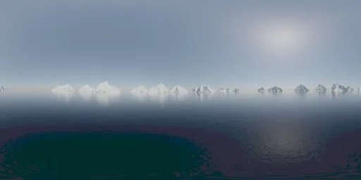 Misty oceanic HDR scene with distant mountain peaks for realistic 3D lighting environments