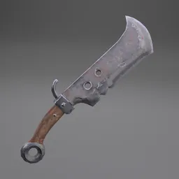 "Lowpoly old butcher knife 3D model with wooden handle, ideal for kitchen appliance designs. Created in Blender 3D. Inspired by Huang Guangjian and Lan Ying's photographs of a rusty cleaver, with substance painter 3D, cell shading and 7 days to die zombie effects."